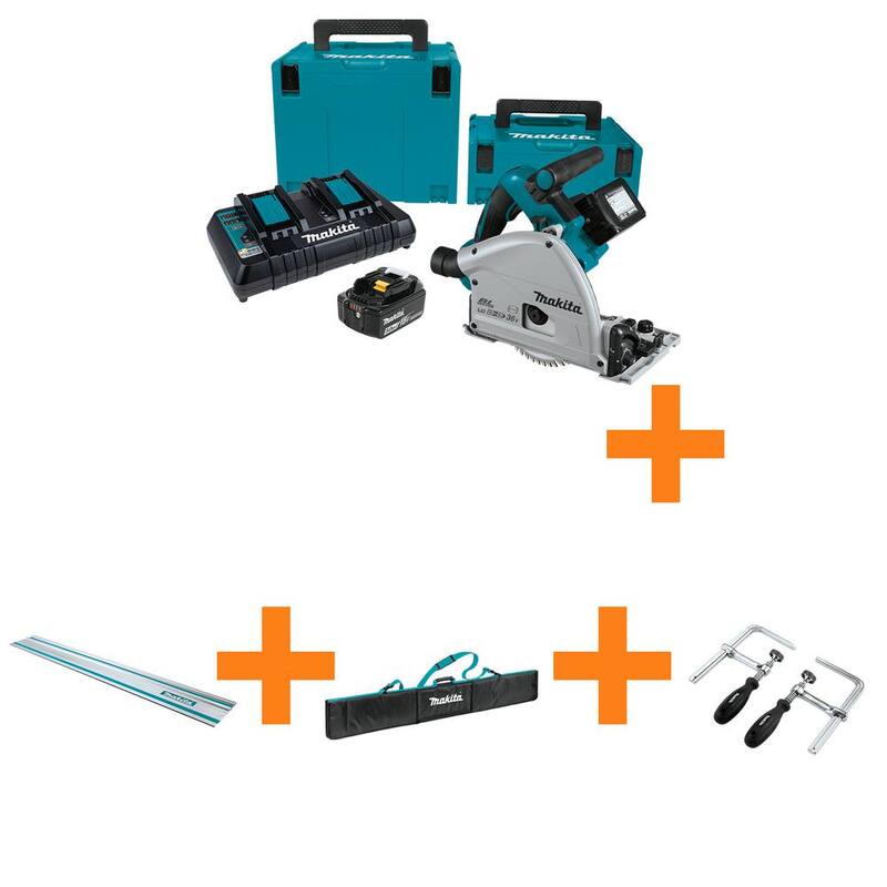 Makita 36V (18V X2) LXT Sierra Circular sumergible inalámbrica sin escobillas de 6-1/2" Kit (5.0Ah) y Riel Guía de 55" con Bolsa y Abrazaderas - XPS01PT85E07023