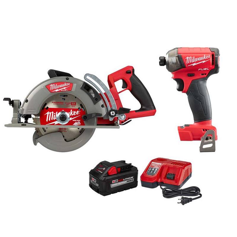 Sierra circular inalámbrica Milwaukee M18 FUEL de 18V de 7-1/4 pulgadas con mango trasero y batería de iones de litio, con kit inicial del conductor de impacto M18 FUEL SURGE y batería de 8.0Ah - 2830-20-2760-20-48-59-1880.