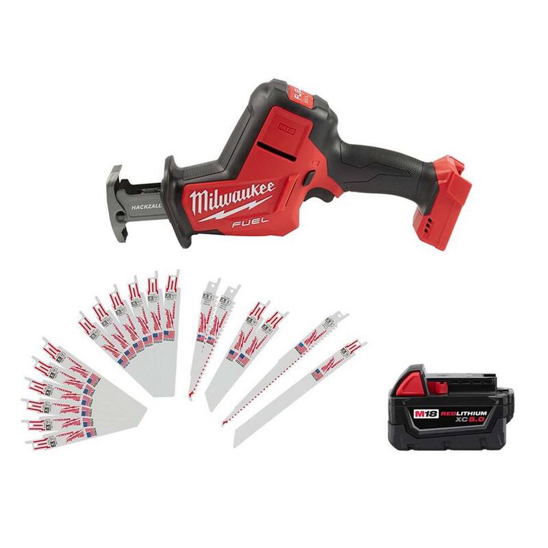 Sierra sable reciprocativa Milwaukee M18 FUEL de 18 voltios con tecnología de litio sin cepillo inalámbrica HACKZALL con batería de 5.0Ah y juego de hojas Sawzall - 2719-20-48-11-1850-49-22-1110F