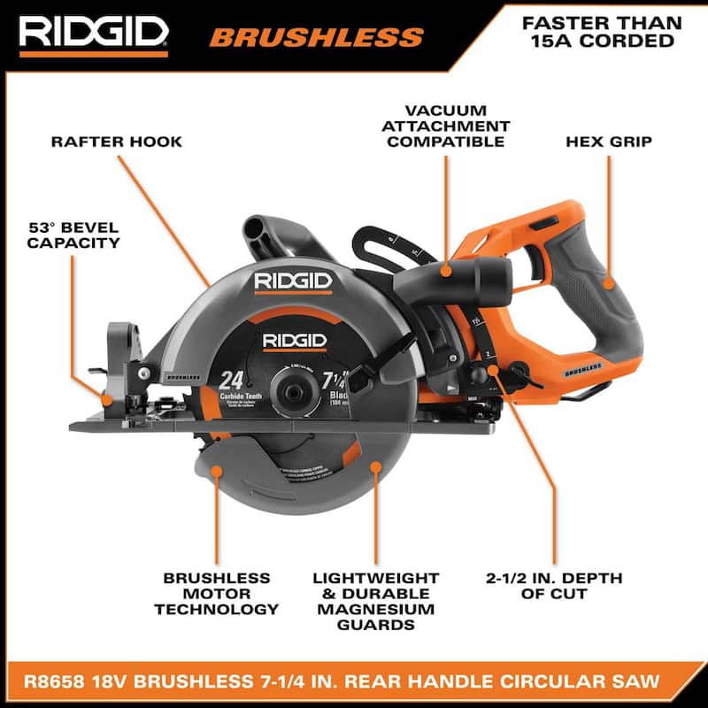 Sierra circular de mango trasero inalámbrica RIDGID 18V sin escobillas de 7-1/4 pulgadas (Herramienta solamente) - R8658B