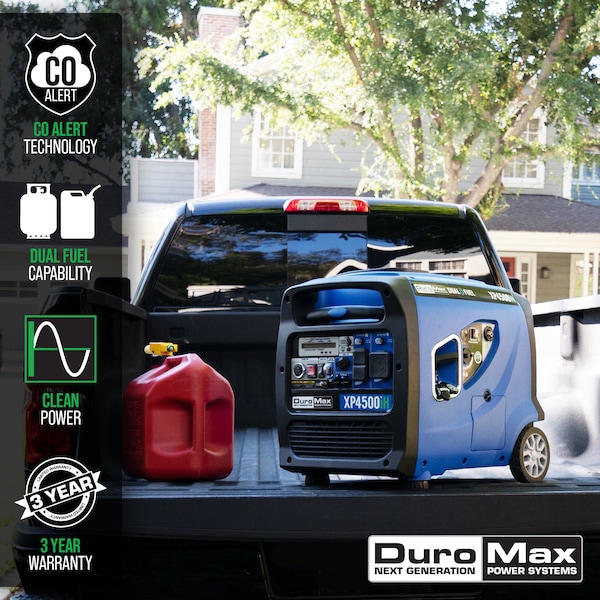 Duromax Portable and Inverter Generator, Gasoline/Liquid Propane, 3,600 W/3,420 W Rated, 120V AC, 30/28.5 A - XP4500iH