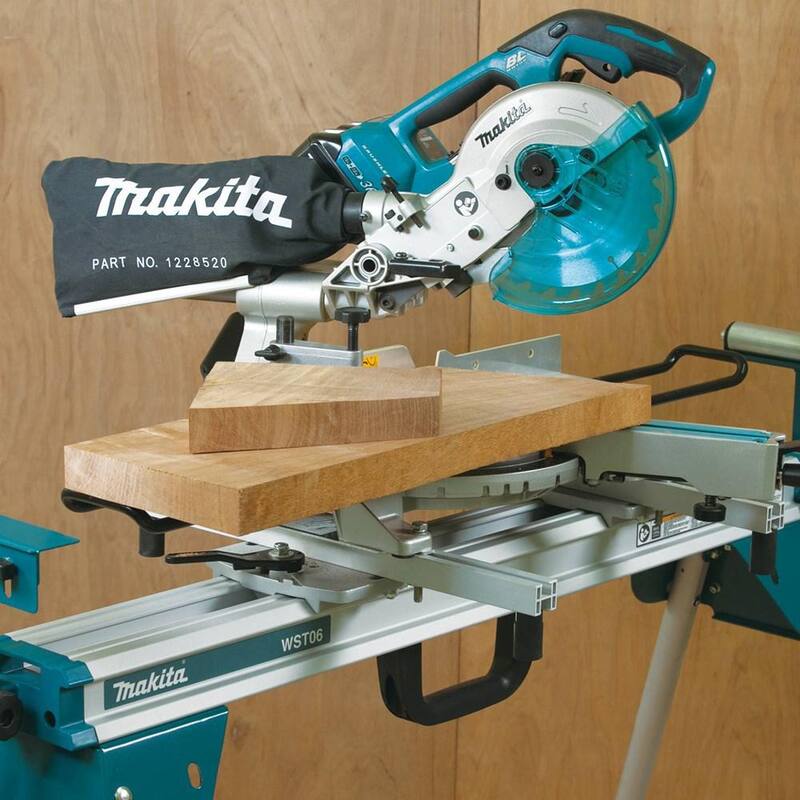 Sierra ingletadora compuesta deslizante de bisel doble sin escobillas LXT de 10 pulgadas 18V X2 (36V) de Makita con kit de batería de 5.0Ah y soporte plegable para sierra ingletadora - XSL06PT-WST06.