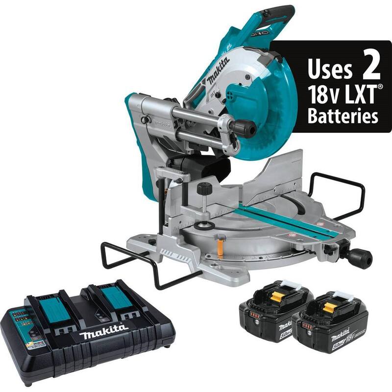 Sierra ingletadora compuesta deslizante de bisel doble sin escobillas LXT de 10 pulgadas 18V X2 (36V) de Makita con kit de batería de 5.0Ah y soporte plegable para sierra ingletadora - XSL06PT-WST06.