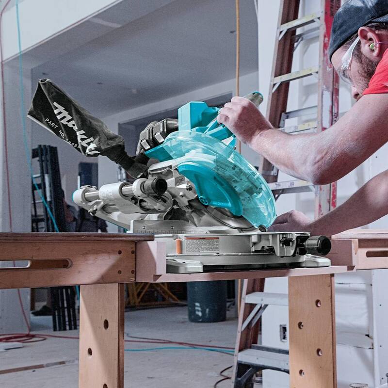 Sierra ingletadora compuesta deslizante de bisel doble sin escobillas LXT de 10 pulgadas 18V X2 (36V) de Makita con kit de batería de 5.0Ah y soporte plegable para sierra ingletadora - XSL06PT-WST06.