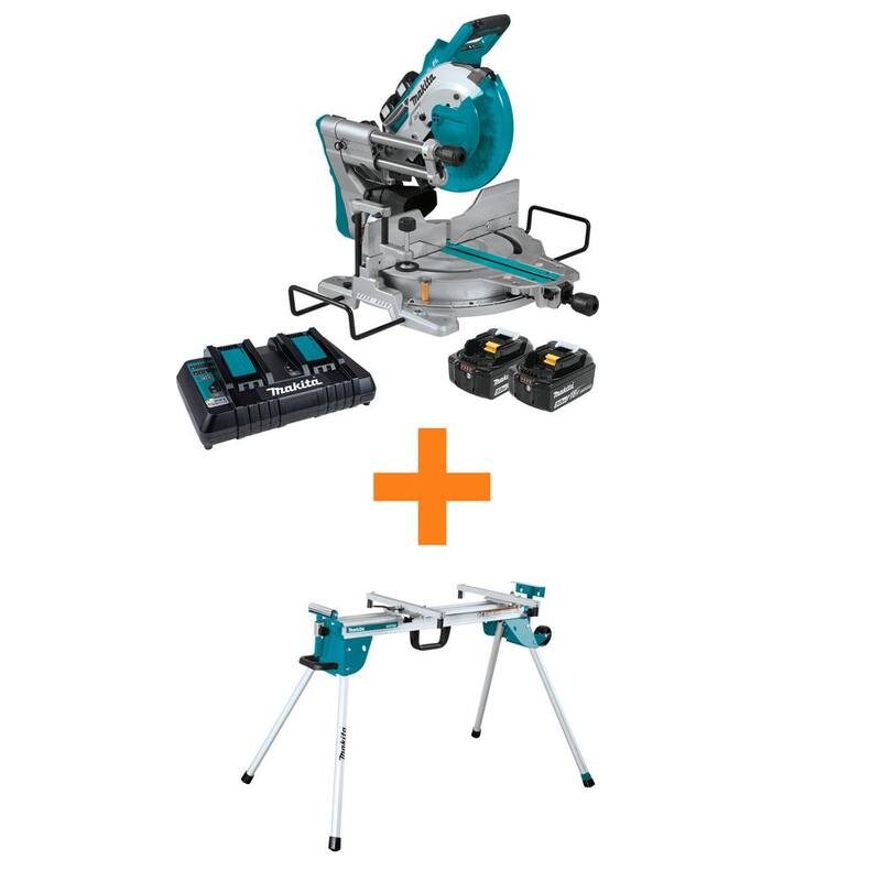 Sierra ingletadora compuesta deslizante de bisel doble sin escobillas LXT de 10 pulgadas 18V X2 (36V) de Makita con kit de batería de 5.0Ah y soporte plegable para sierra ingletadora - XSL06PT-WST06.