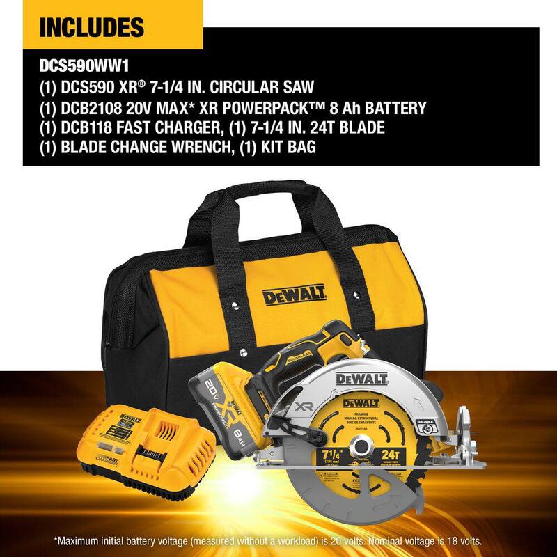 Sierra circular inalámbrica DEWALT 20V MAX de 7-1/4 pulgadas con batería de 8.0 Ah, cargador y bolsa de kit - DCS590WW1