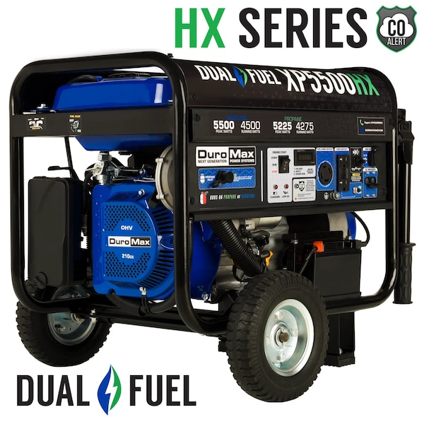 Duromax Portable Generator, Gasoline/Liquid Propane, 4,500 W/4,275 W Rated, 5,500 W/5,225 W Surge - XP5500HX