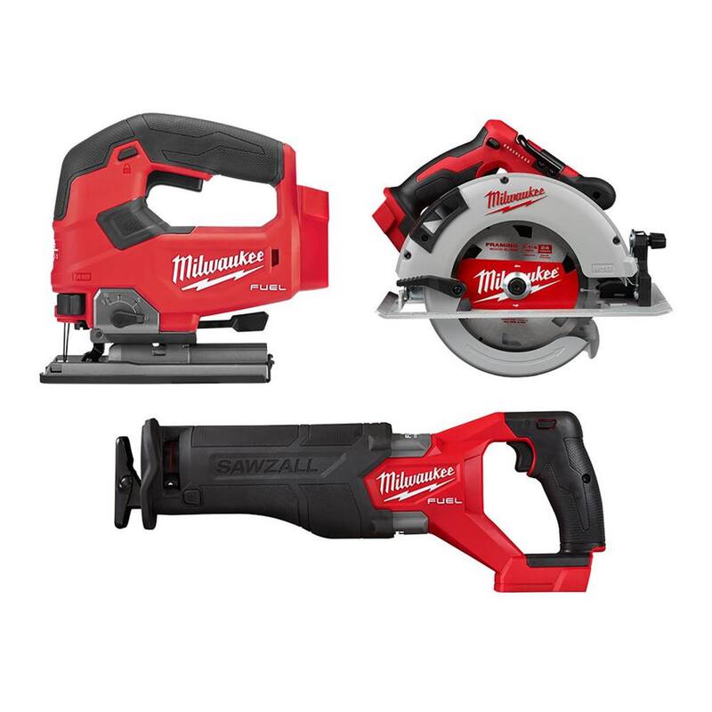 Sierra reciproca inalámbrica sin escobillas Milwaukee M18 FUEL GEN-2 de 18V de 7-1/4 pulgadas con sierra circular y sierra de calar (conjunto de 3 herramientas) - 2821-20-2631-20-2737-20.
