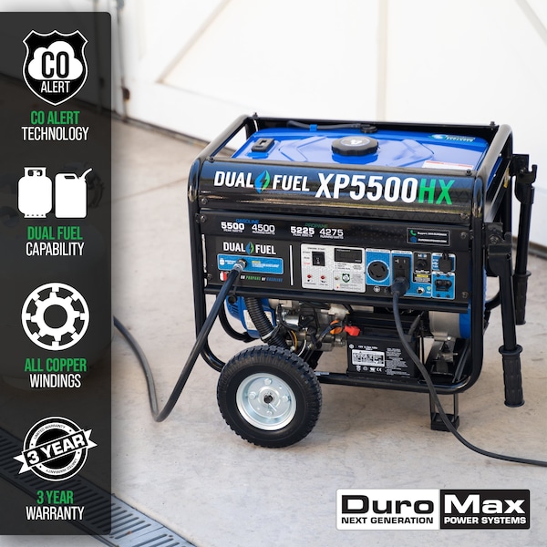 Duromax Portable Generator, Gasoline/Liquid Propane, 4,500 W/4,275 W Rated, 5,500 W/5,225 W Surge - XP5500HX