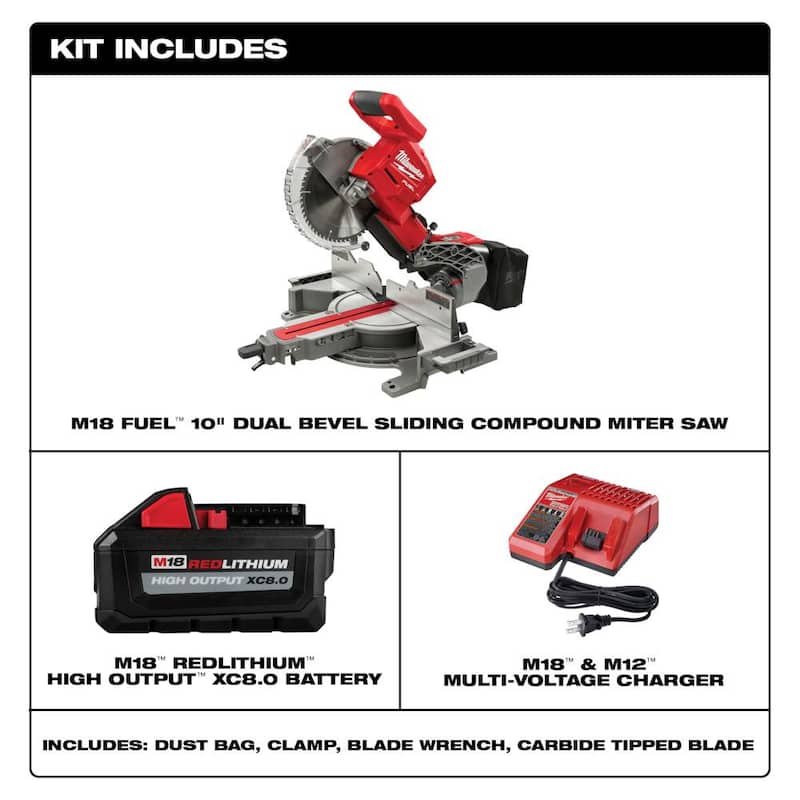 Milwaukee M18 FUEL Sierra ingleteadora compuesta deslizante inalámbrica de doble bisel sin escobillas de 10 pulgadas con batería de iones de litio y kit de sierra con 2 baterías de 8.0 Ah - 2734-21-48-11-1880.