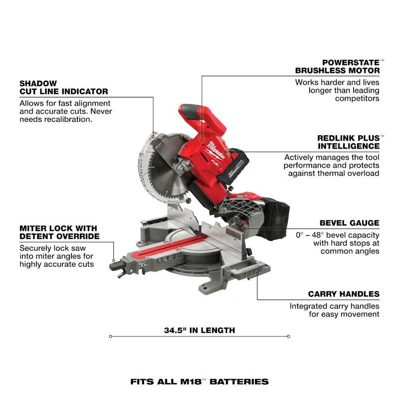 Milwaukee M18 FUEL Sierra ingleteadora compuesta deslizante inalámbrica de doble bisel sin escobillas de 10 pulgadas con batería de iones de litio y kit de sierra con 2 baterías de 8.0 Ah - 2734-21-48-11-1880.