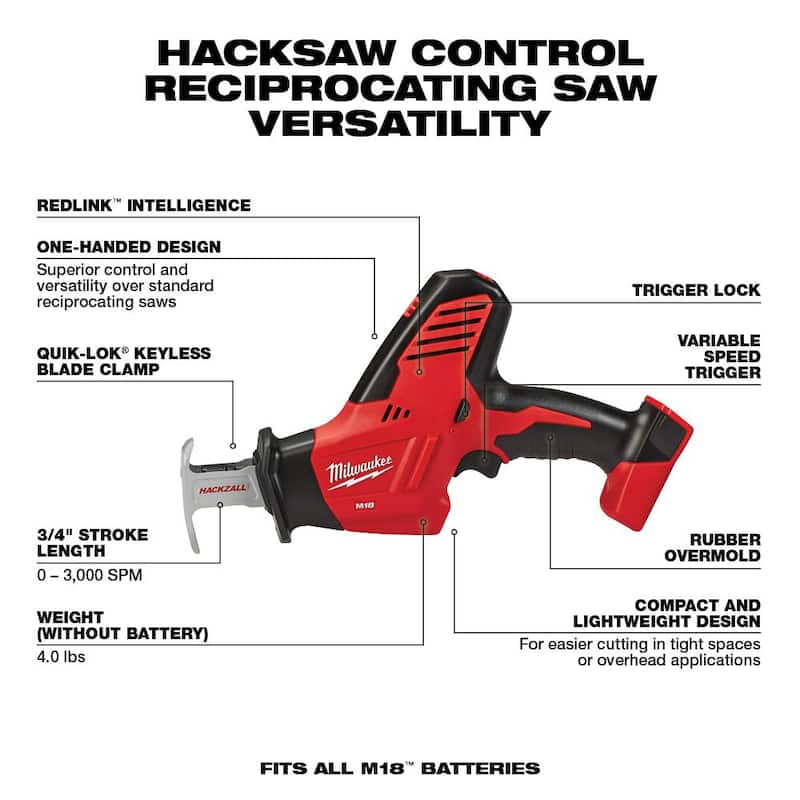 Sierra sable hackzall reciprocante sin cable Milwaukee M18 18V de iones de litio con kit de inicio M18 y (1) batería de 5.0 Ah y cargador - 2625-20-48-59-1850.