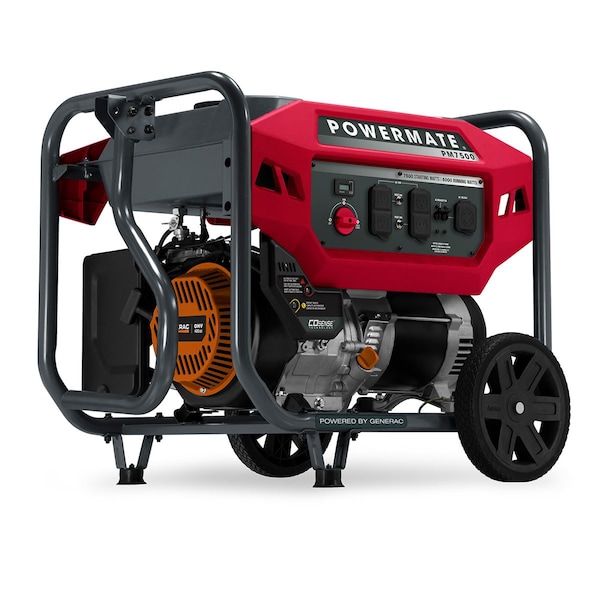 Powermate Portable Generator, Gasoline, 6,000 W Rated, 7,500 W Surge, Recoil Start, 120/240V AC, 50/25 A - P0081400