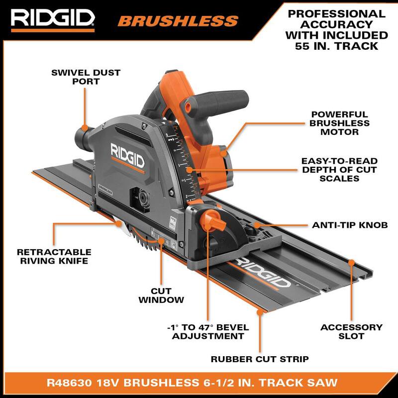 Sierra de riel inalámbrica RIDGID 18V sin escobillas (herramienta solamente) con (2) rieles de 55 pulgadas - R48630B-AC55TS