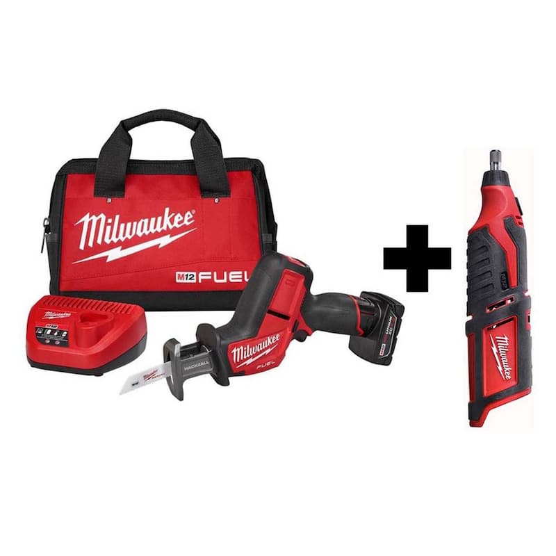 Sierra recíproca inalámbrica con batería de iones de litio de 12V Milwaukee M12 FUEL Brushless HACKZALL con Kit de herramienta rotativa M12 - 2520-21XC-2460-20.