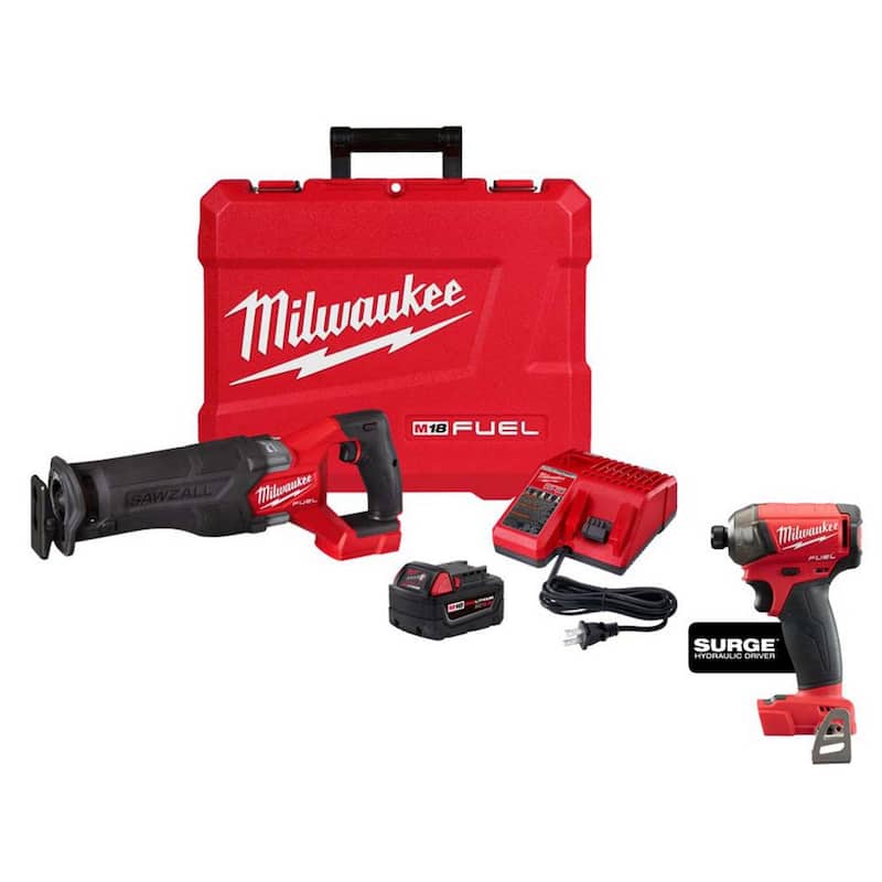 Sierra alternativa inalámbrica Milwaukee M18 FUEL 18V con motor sin escobillas de iones de litio y kit de sierra reciprocante con atornillador de impacto SURGE - 2821-21-2760-20.