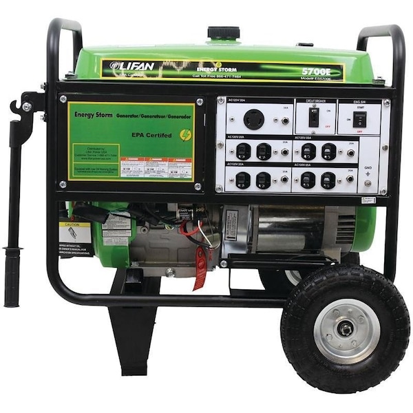 Lifan ES5700E Portable Generator, 42.2 A, 120/240 V, 5700 W Output, Gasoline, 6.5 gal Tank, 10 hr Run Time - ES5700E/ES6600