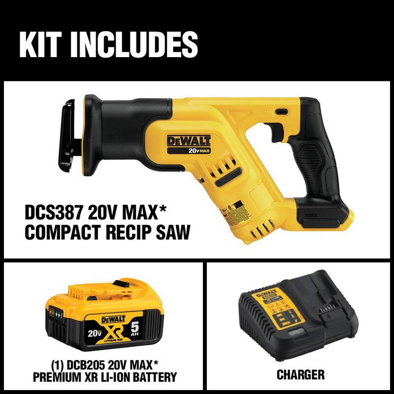 Sierra de calar compacta recíproca inalámbrica DEWALT 20V MAX de ion de litio con kit de batería de 5.0 Ah, cargador y bolsa para contratistas - DCS387P1