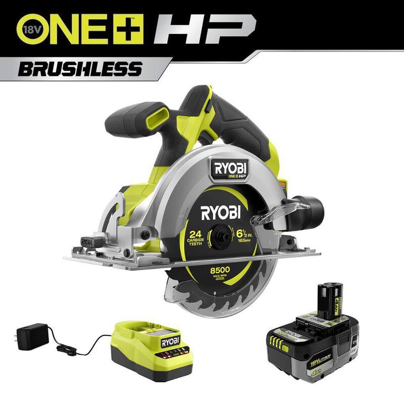 RYOBI ONE+ HP 18V Sierra Circular Compacta Inalámbrica Brushless de 6-1/2 pulgadas con Kit de Batería de Alto Rendimiento de 4.0 Ah y Cargador - PSBCS01K1