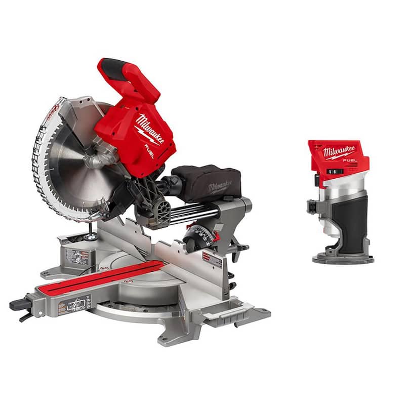 Sierra ingleteadora compuesta inalámbrica de doble bisel con deslizamiento compacto y enrutador Milwaukee M18 FUEL 18V de 12 pulgadas con tecnología Brushless de iones de litio - 2739-20-2723-20.