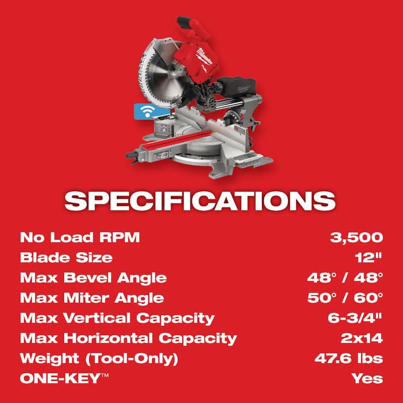 Sierra ingleteadora compuesta inalámbrica de doble bisel con deslizamiento compacto y enrutador Milwaukee M18 FUEL 18V de 12 pulgadas con tecnología Brushless de iones de litio - 2739-20-2723-20.