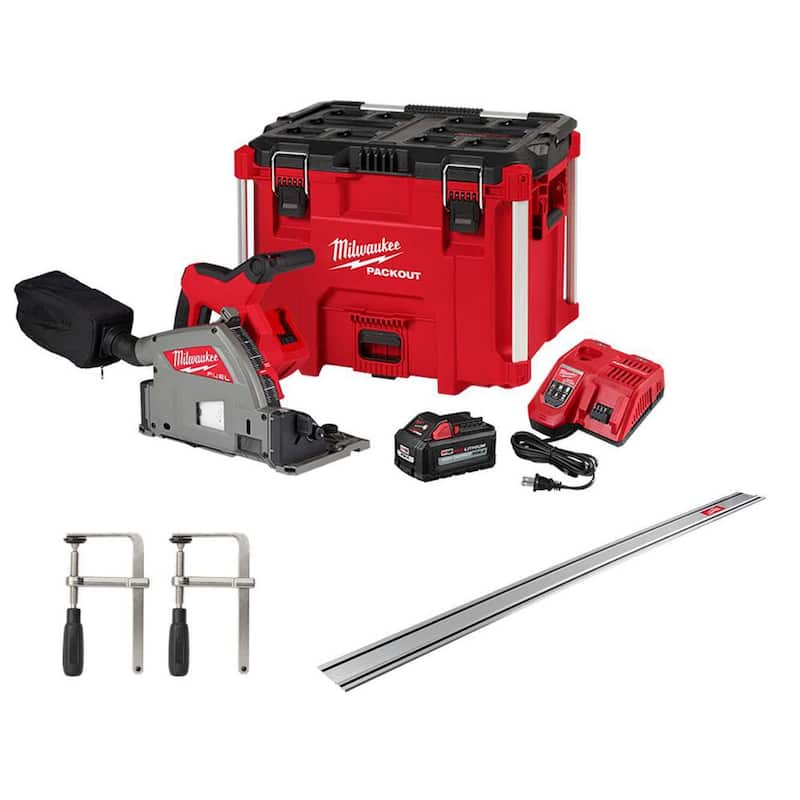 Sierra de inmersión sin escobillas Milwaukee M18 FUEL de 18V de 6-1/2 pulgadas con batería de ion de litio y kit de riel guía de 106 pulgadas y abrazaderas de riel - 2831-21-48-08-0572-48-08-0573.