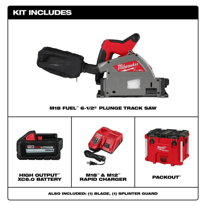 Sierra de inmersión sin escobillas Milwaukee M18 FUEL de 18V de 6-1/2 pulgadas con batería de ion de litio y kit de riel guía de 106 pulgadas y abrazaderas de riel - 2831-21-48-08-0572-48-08-0573.