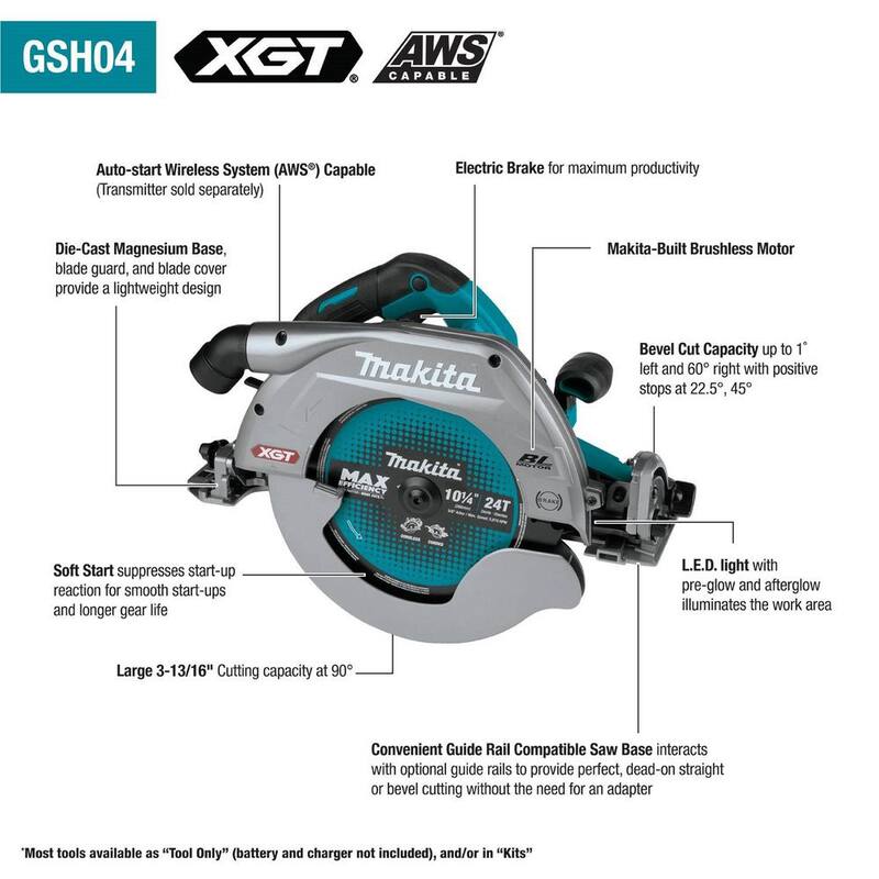 Sierra circular inalámbrica sin escobillas Makita 40V máx XGT de 10-1/4 pulgadas con base compatible con riel de guía, compatible con AWS (herramienta solamente) - GSH04Z