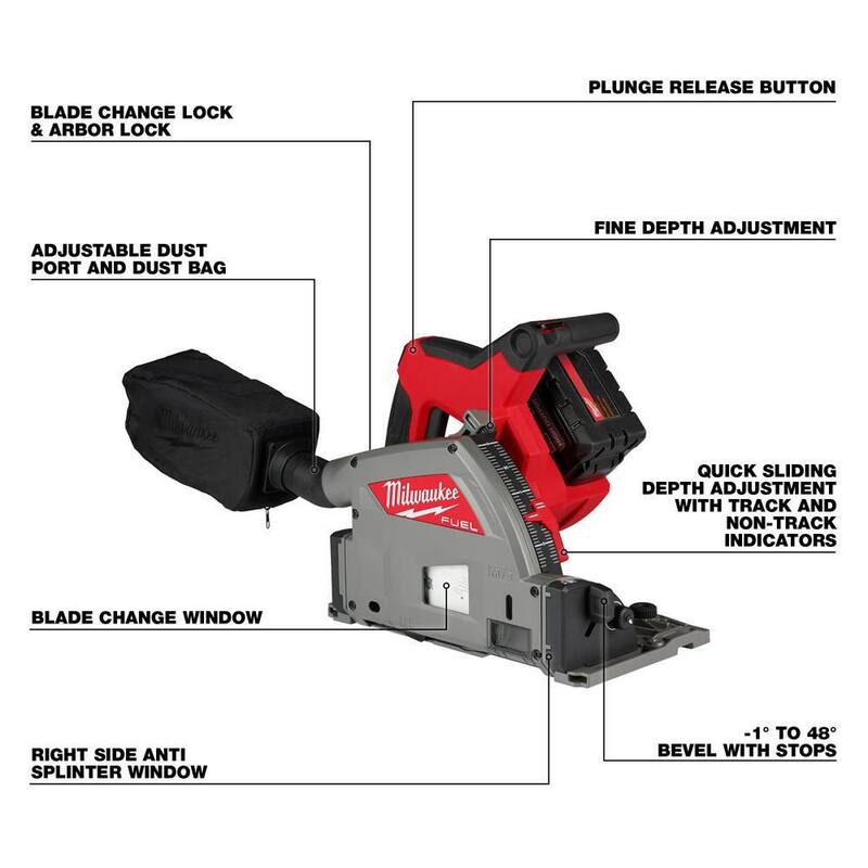 Sierra de inmersión sin escobillas inalámbrica de 6-1/2 in Milwaukee M18 FUEL 18V de iones de litio con kit de rieles guía de 55 in y abrazaderas de rieles - 2831-21-48-08-0571-48-08-0573.