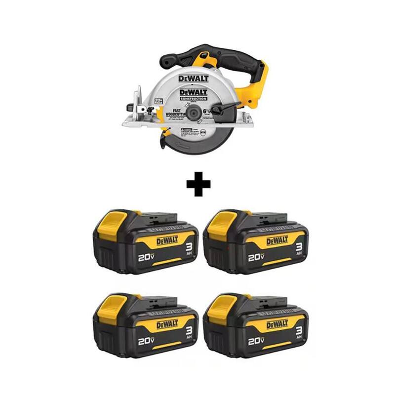 Sierra circular inalámbrica DEWALT de 20 voltios Max con baterías de iones de litio de 6.5 pulgadas en estilo Sidewinder con (4) paquetes de baterías Premium de 20 voltios 3Ah Max - DCS391BWCB200-4.
