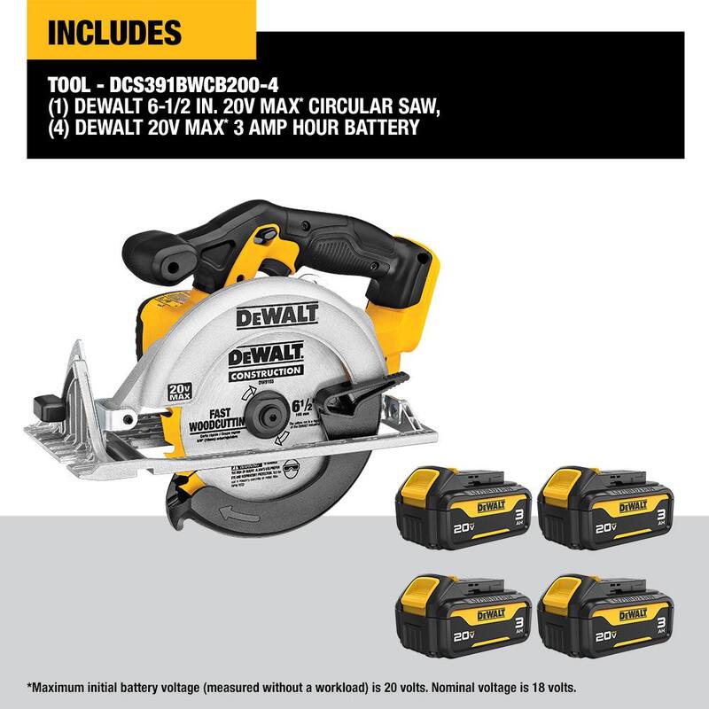 Sierra circular inalámbrica DEWALT de 20 voltios Max con baterías de iones de litio de 6.5 pulgadas en estilo Sidewinder con (4) paquetes de baterías Premium de 20 voltios 3Ah Max - DCS391BWCB200-4.