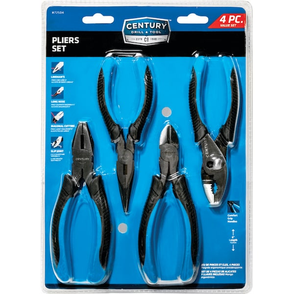 Century Drill & Tool Pliers 6" Set Linesman Diagonal Long Nose Slip Joint 4Pc - 72504