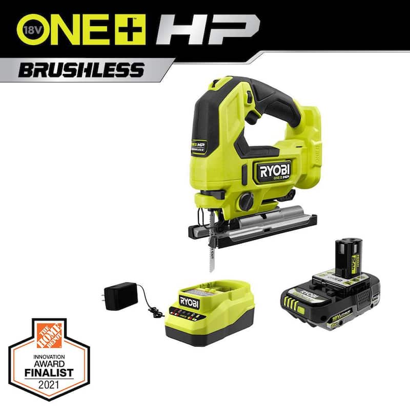 RYOBI ONE+ HP 18V Kit de sierra caladora inalámbrica con motor sin escobillas con batería de alto rendimiento de 2.0 Ah y cargador - PBLJS01K1