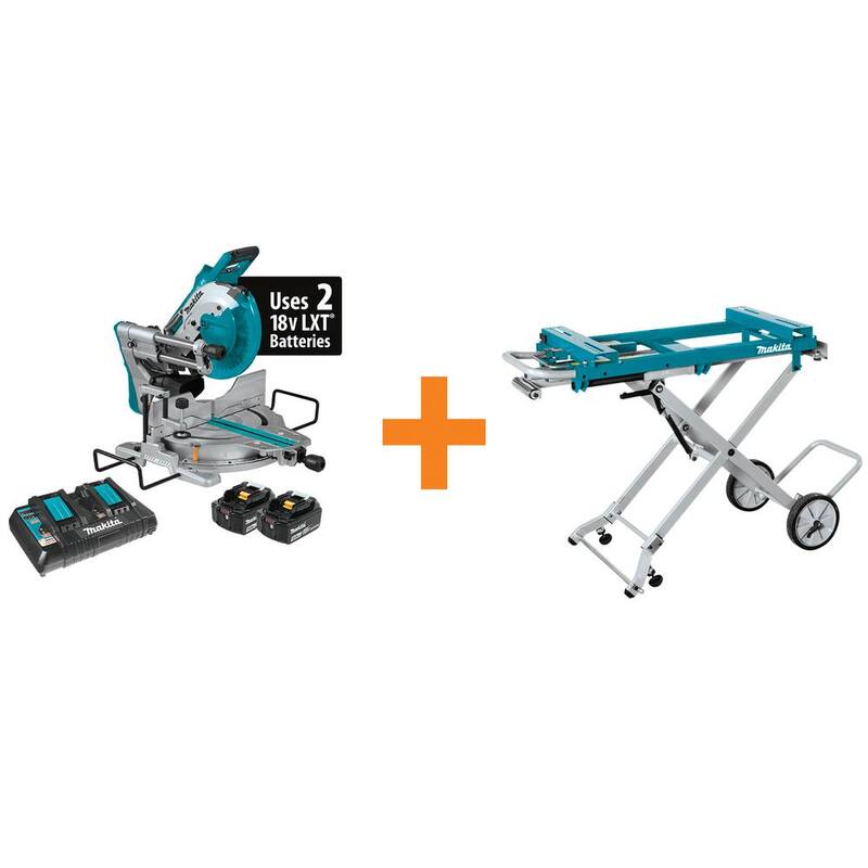 Sierra ingleteadora compuesta deslizante de bisel doble sin escobillas de 10 pulgadas Makita 18V X2 LXT (36V) Kit de  sierra de inglete y soporte portátil para sierra de inglete XSL06PT-WST05 (5.0 Ah)
