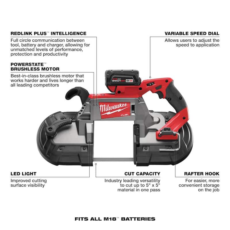 Sierra de banda inalámbrica sin escobillas Milwaukee M18 FUEL de 18V con baterías de iones de litio de 6.0Ah - 2729-22-48-11-1862