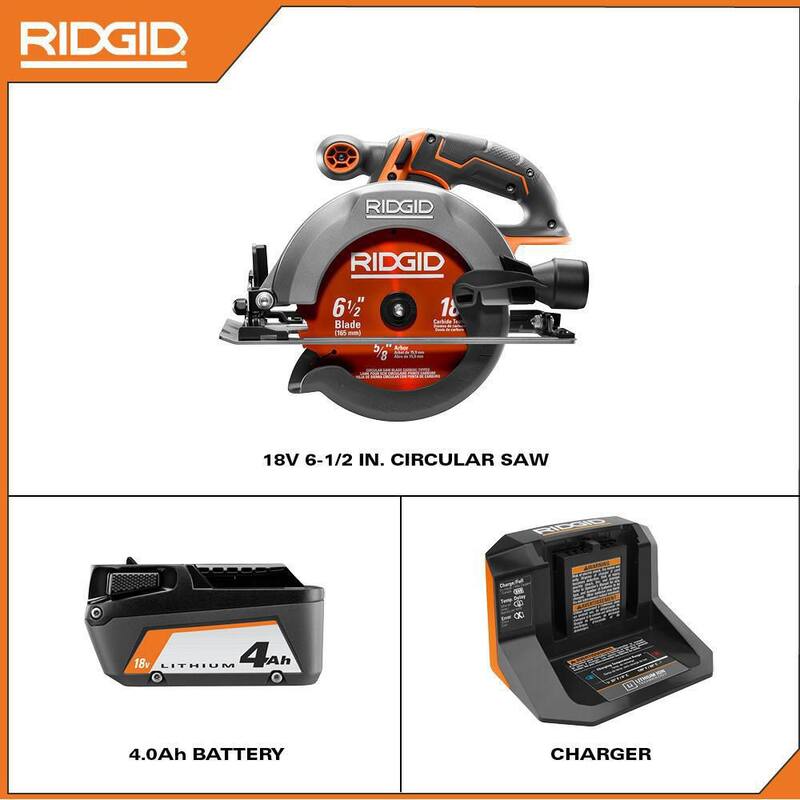 SIERRA CIRCULAR INALÁMBRICA RIDGID 18V de 6-1/2 pulgadas con batería de 4.0 Ah y cargador - R8655KN