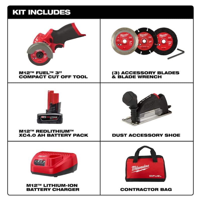 Sierra de corte inalámbrica Milwaukee M12 FUEL 12V 3 in. con batería de iones de litio sin escobillas y kit de luz de servicio M12 ROVER - 2522-21XC-2367-20