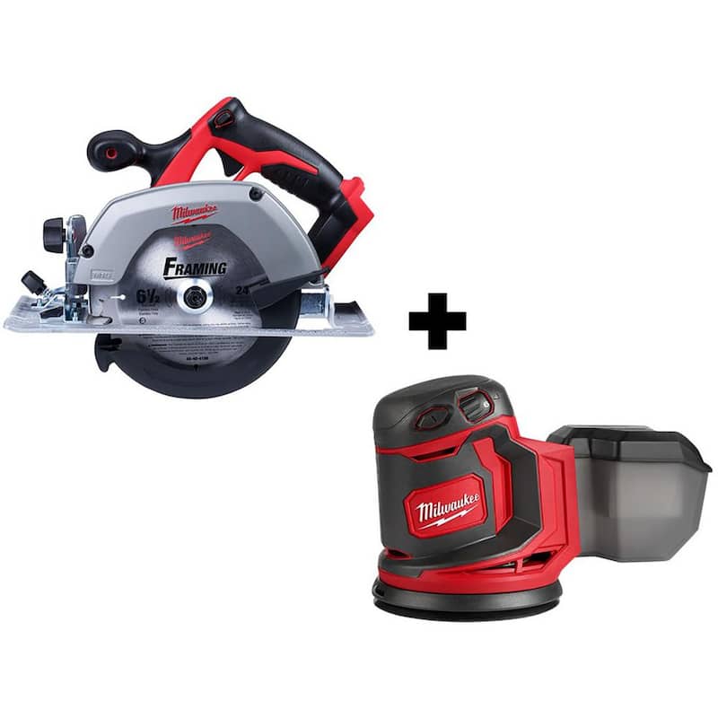 Sierra circular inalámbrica Milwaukee M18 18V de 6-1/2 pulgadas con batería de iones de litio junto con una lijadora orbital aleatoria de 5 pulgadas M18 - 2630-20-2648-20.