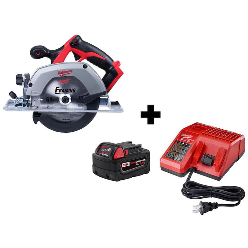 Sierra circular inalámbrica de 6-1/2 pulgadas Milwaukee M18 18V de iones de litio con paquete inicial M18 (1) batería de 5.0Ah y cargador - 2630-20-48-59-1850.