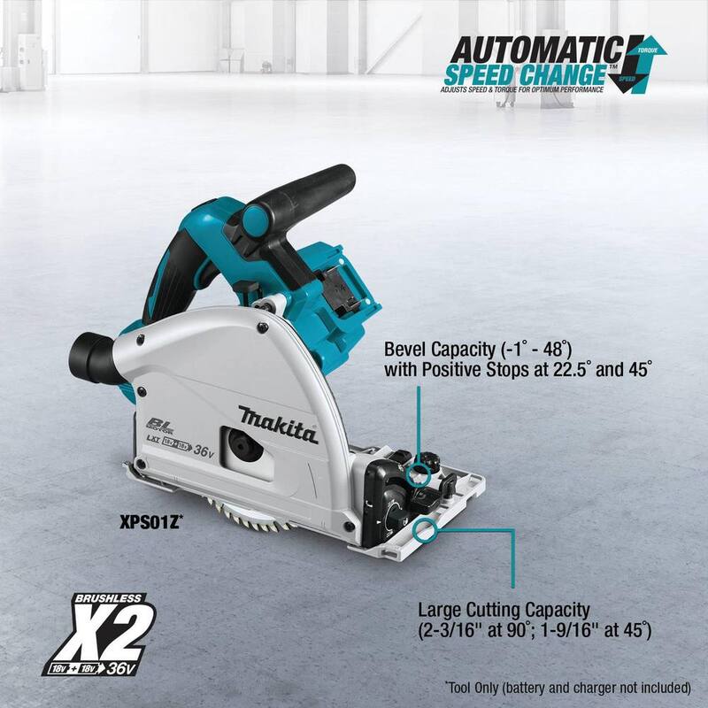 Sierra circular sumergible Makita de 6-1/2" sin escobillas LXT inalámbrica de 36V (18V X2), solo la herramienta con riel guía de 55" y bolsa para riel guía - XPS01Z-194E051.