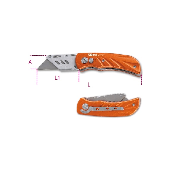 Beta 1777T Foldaway Knife with Blade, Aluminum Handle 5 Spare Blades - 017770030