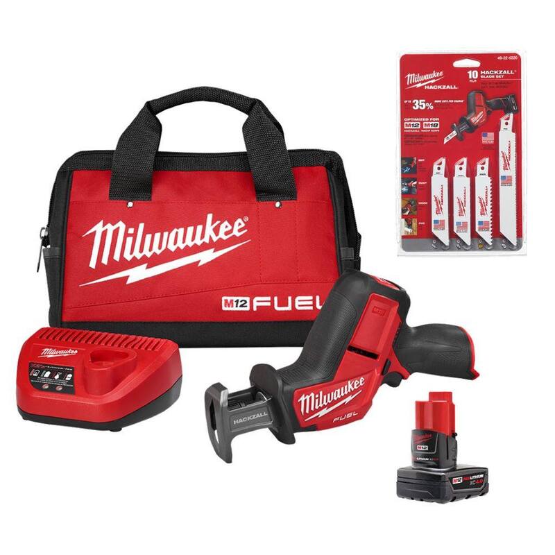 Sierra recíproca inalámbrica Milwaukee M12 FUEL de 12 voltios con kit de accesorios Hackzall y estuche de almacenamiento para kit de hojas Hackzall (10 piezas) - 2520-21XC-49-22-0220.