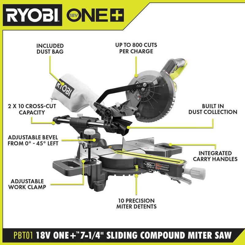 Sierra ingletadora deslizante compuesta inalámbrica de 18V RYOBI ONE+ de 7-1/4 pulgadas con soporte rápido universal para sierra ingletadora - PBT01B-A18MS01G