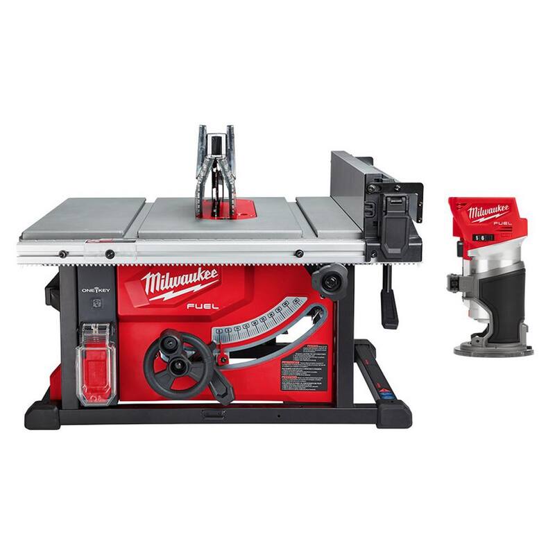 Sierra de mesa Milwaukee M18 FUEL ONE-KEY de 18 voltios con motor sin escobillas de 8-1/4 pulg. de diámetro con enrutador compacto de 18 voltios de iones de litio (sólo herramienta) - 2736-20-2723-20.