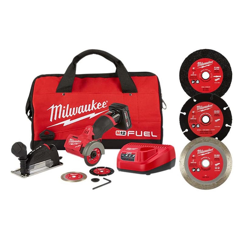 Kit de sierra de corte inalámbrica Milwaukee M12 FUEL de 12V 3 in de ion de litio sin escobillas con cargador de batería y 3 in de cuchillas (paquete de 5) - 2522-21XC-49-94-3000-49-94-3005-49-94-30.