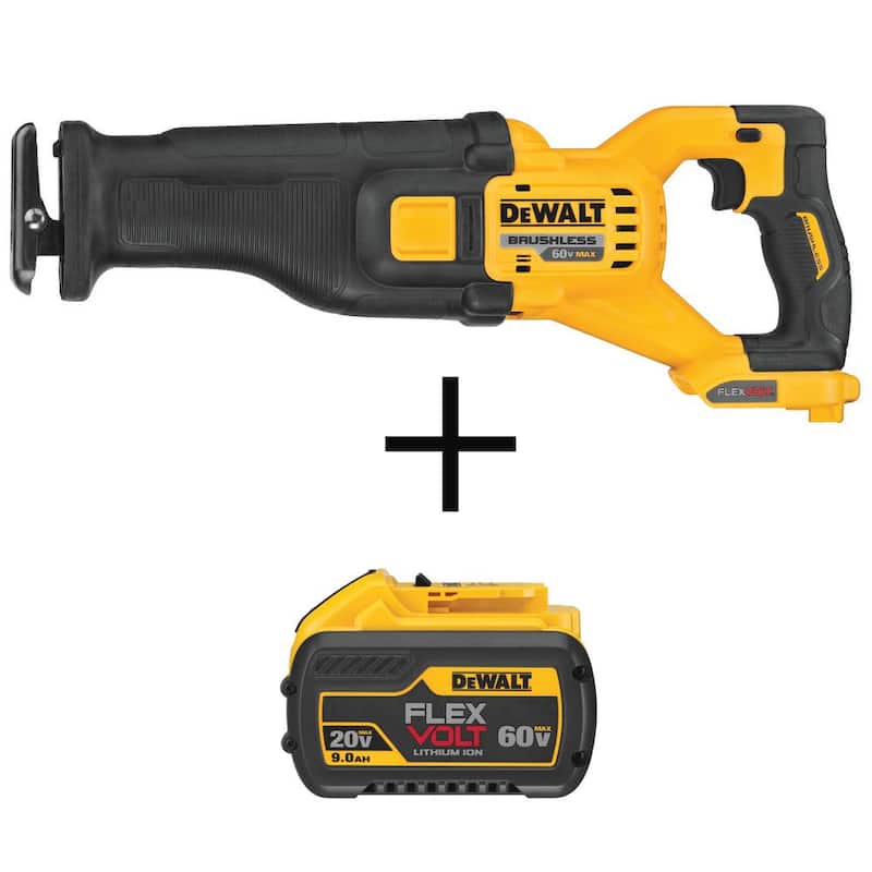Sierra Recíproca Inalámbrica DEWALT FLEXVOLT de 60 voltios MAX con tecnología Li-Ion sin escobillas y paquete de batería FLEXVOLT de 20V/60V 9.0 Ah (Solo Herramienta) - DCS389BWDCB609.