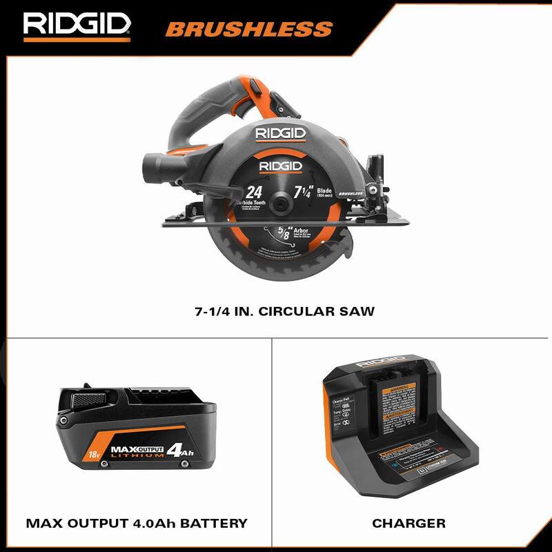 Sierra circular inalámbrica RIDGID 18V Brushless de 7-1/4 pulgadas con kit de batería de salida máxima de 4.0 Ah y cargador con hoja extra - R8657KN-AC714N