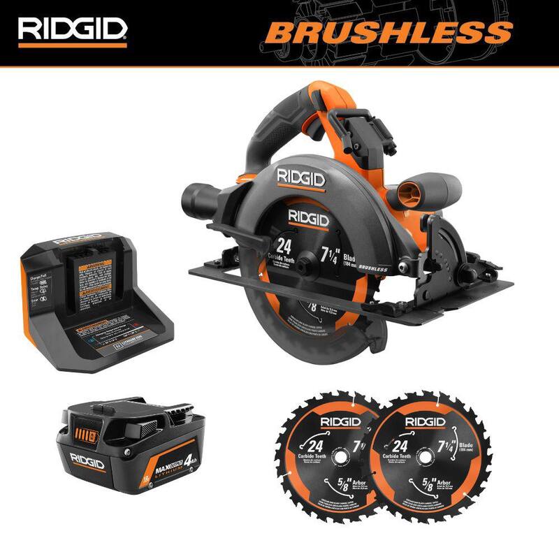 Sierra circular inalámbrica RIDGID 18V Brushless de 7-1/4 pulgadas con kit de batería de salida máxima de 4.0 Ah y cargador con hoja extra - R8657KN-AC714N
