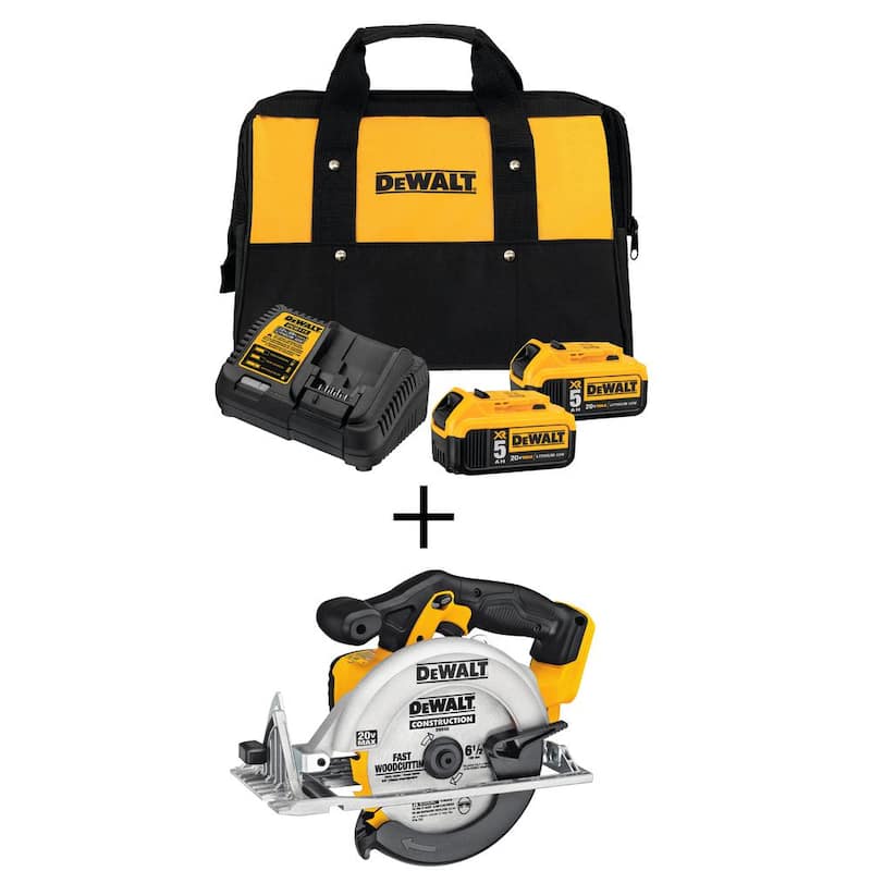 Sierra circular inalámbrica DEWALT 20V MAX de 6-1/2 pulgadas, (2) Baterías de iones de litio XR Premium de 20V MAX de 5.0Ah y Cargador - Kit DCB2052CKW391B