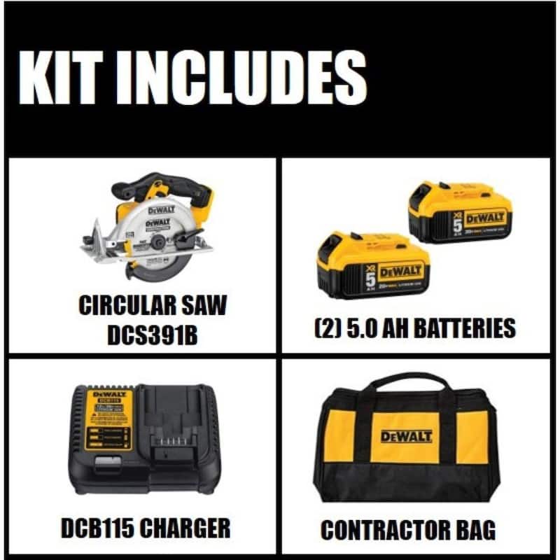 Sierra circular inalámbrica DEWALT 20V MAX de 6-1/2 pulgadas, (2) Baterías de iones de litio XR Premium de 20V MAX de 5.0Ah y Cargador - Kit DCB2052CKW391B